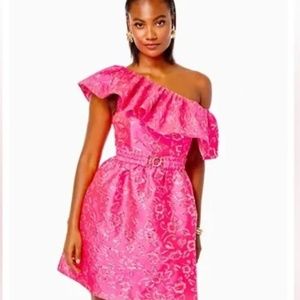 Shannie One Shoulder Dress Pink Grenadine Gold Puff Floral Brocade Sz 16